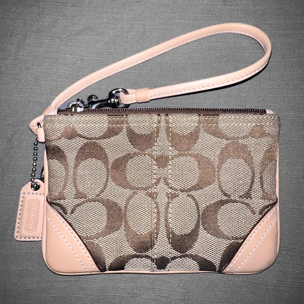 Tan Coach Wristlet in Signature Canvas